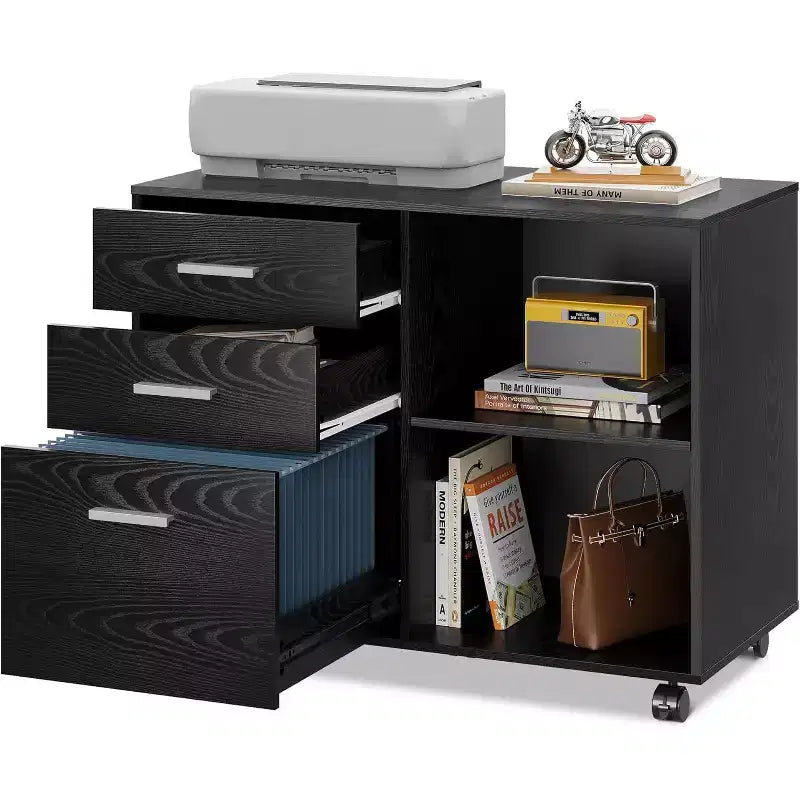 GALAXHERO 3-Drawer Wood Lateral Filing Cabinet, Mobile Printer Stand with Open Shelves for Home Office