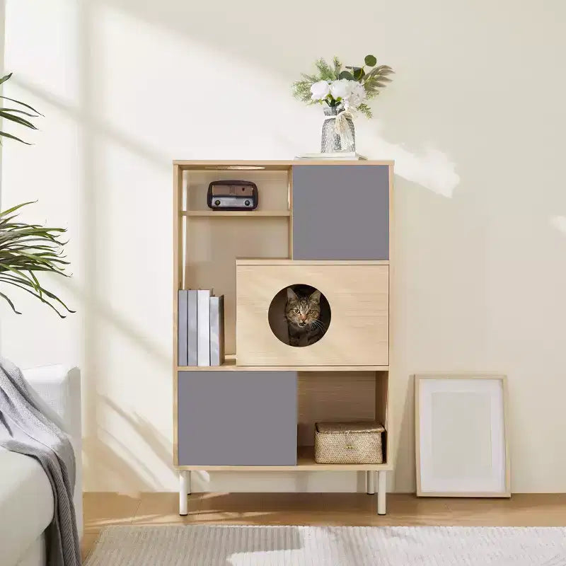 44.5 Tall Bookcase with Storage, Furniture Style Cat Tree Tower, Freestanding Display Cat Tree, Multifunctional Open Bookshelf for Home