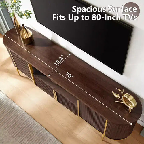 Mobile porta TV scanalato da 70" con top in finto marmo, marrone / rovere naturale / blu marino / bianco sporco