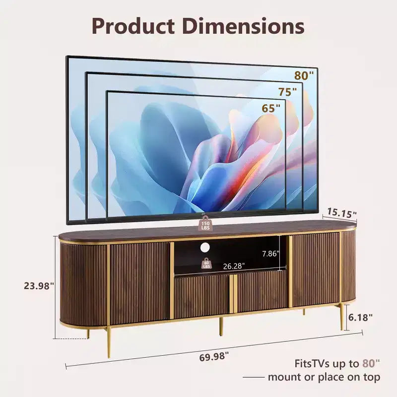 Mobile porta TV scanalato da 70" con top in finto marmo, marrone / rovere naturale / blu marino / bianco sporco
