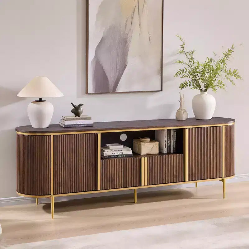 70 Fluted TV Stand, Modern Entertainment Center with Faux Marble Top and Curved Design, Media Console for Living Room Storage