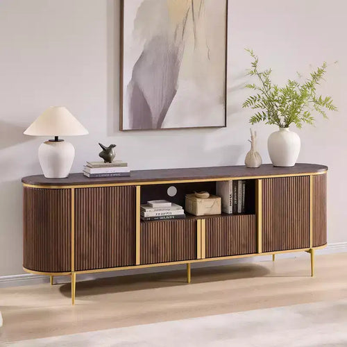 70 Fluted TV Stand, Modern Entertainment Center with Faux Marble Top and Curved Design, Media Console for Living Room Storage