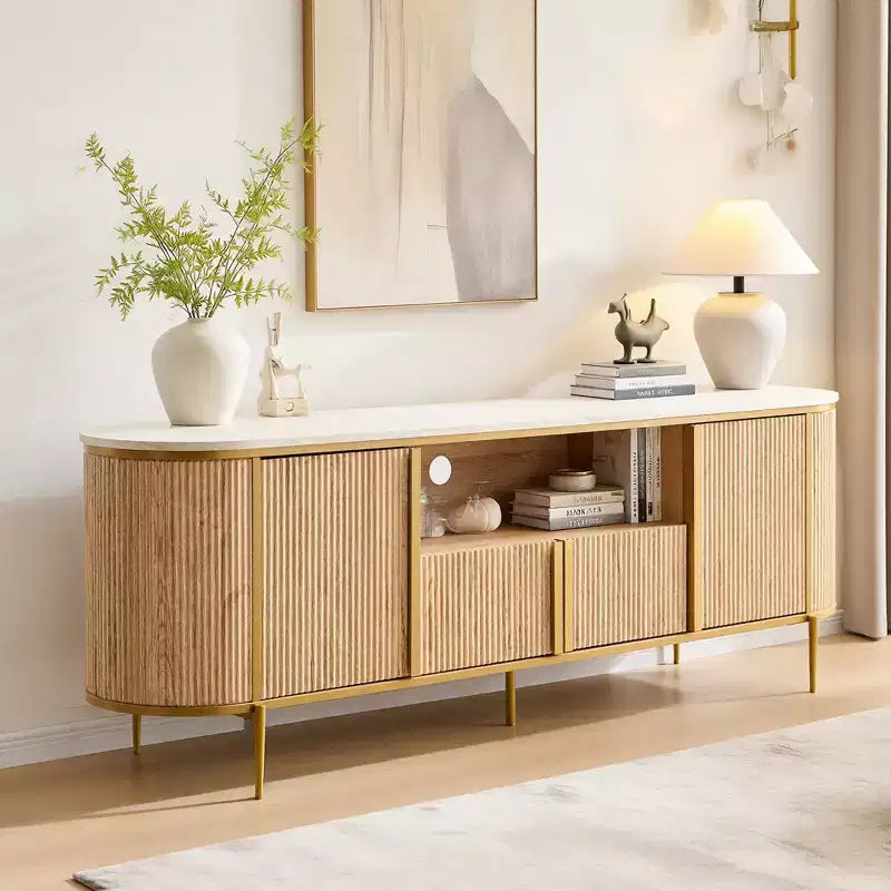 Mobile porta TV scanalato da 70" con top in finto marmo, marrone / rovere naturale / blu marino / bianco sporco