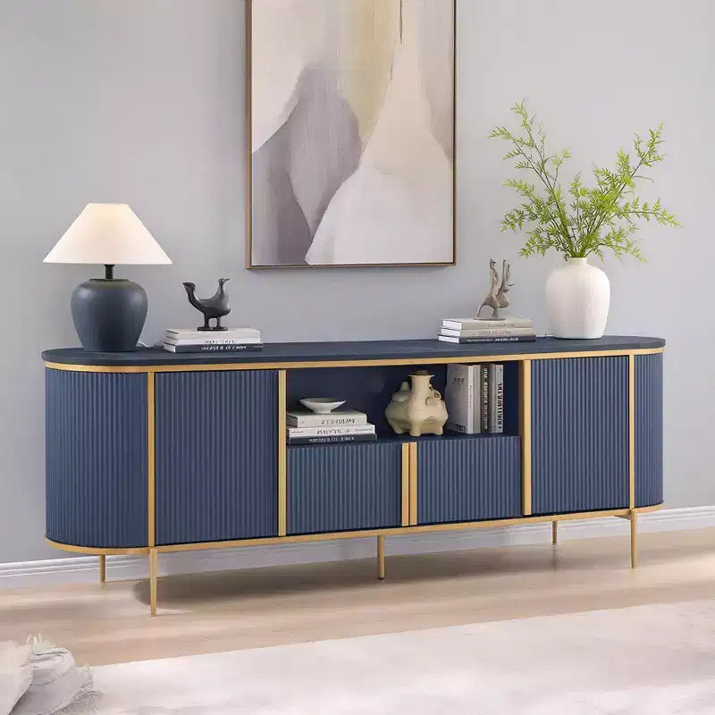 Mobile porta TV scanalato da 70" con top in finto marmo, marrone / rovere naturale / blu marino / bianco sporco