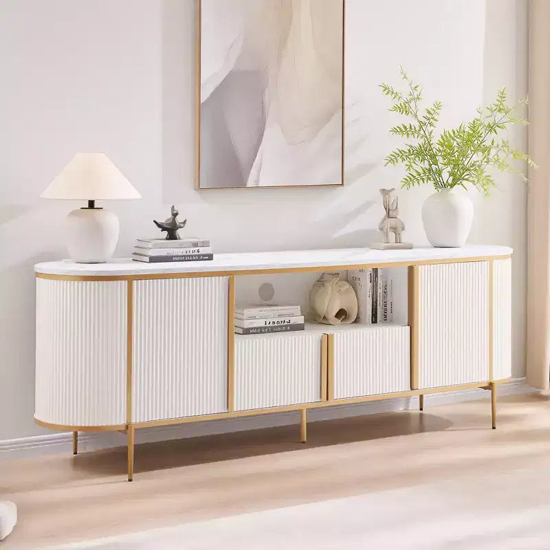 Mobile porta TV scanalato da 70" con top in finto marmo, marrone / rovere naturale / blu marino / bianco sporco