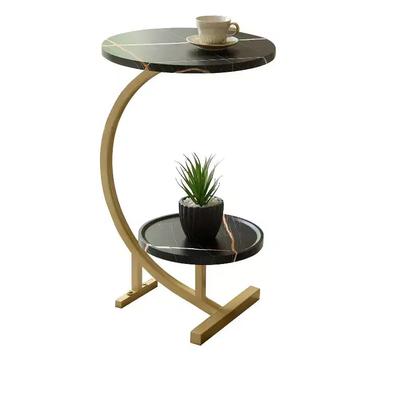 Tavolino rotondo con doppio ripiano Nero/Marrone/Bianco – Piano effetto marmo, struttura in metallo dorato, utilizzo per 1 persona