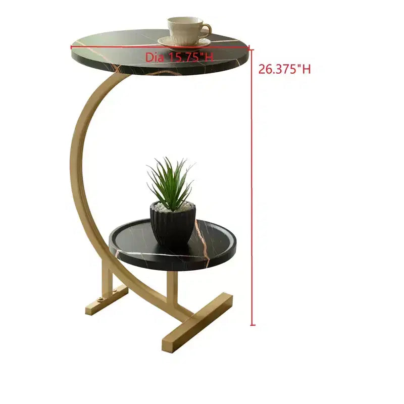 Tavolino rotondo con doppio ripiano Nero/Marrone/Bianco – Piano effetto marmo, struttura in metallo dorato, utilizzo per 1 persona