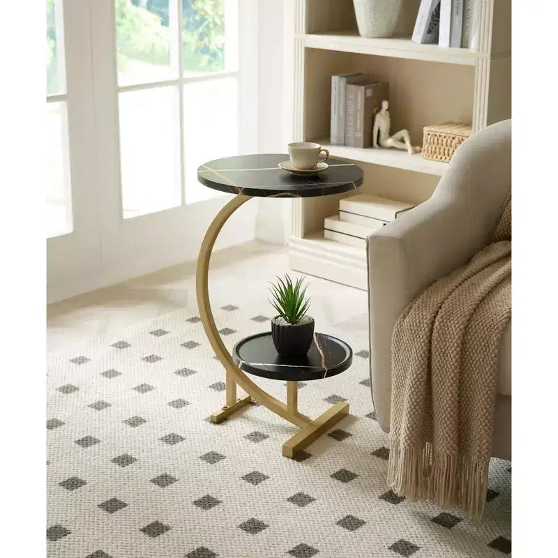 Kings Brand Furniture Modern Oval Side Table, Dual Shelf Faux Marble Accent Table, Small End Table for Living Room or Bedroom