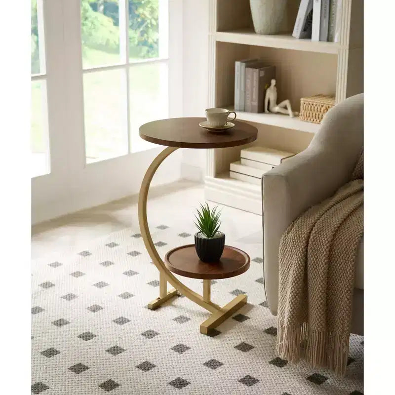 Tavolino rotondo con doppio ripiano Nero/Marrone/Bianco – Piano effetto marmo, struttura in metallo dorato, utilizzo per 1 persona