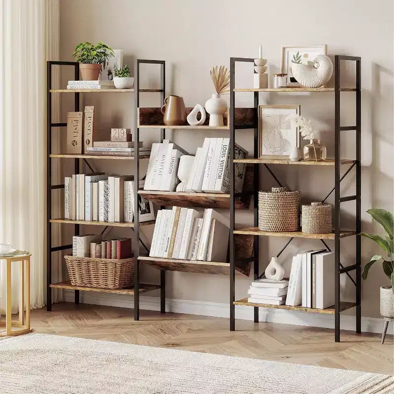 Libreria aperta a 4 ripiani, a tripla larghezza, in marrone rustico e nero, per 1 persona