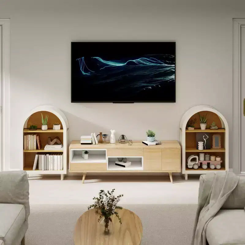 Libreria aperta a 3 ripiani in legno naturale e bianco, singola, con arco