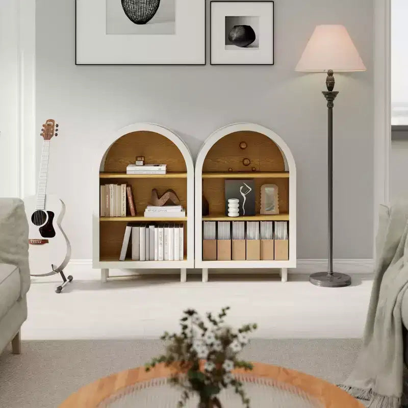 Libreria aperta a 3 ripiani in legno naturale e bianco, singola, con arco
