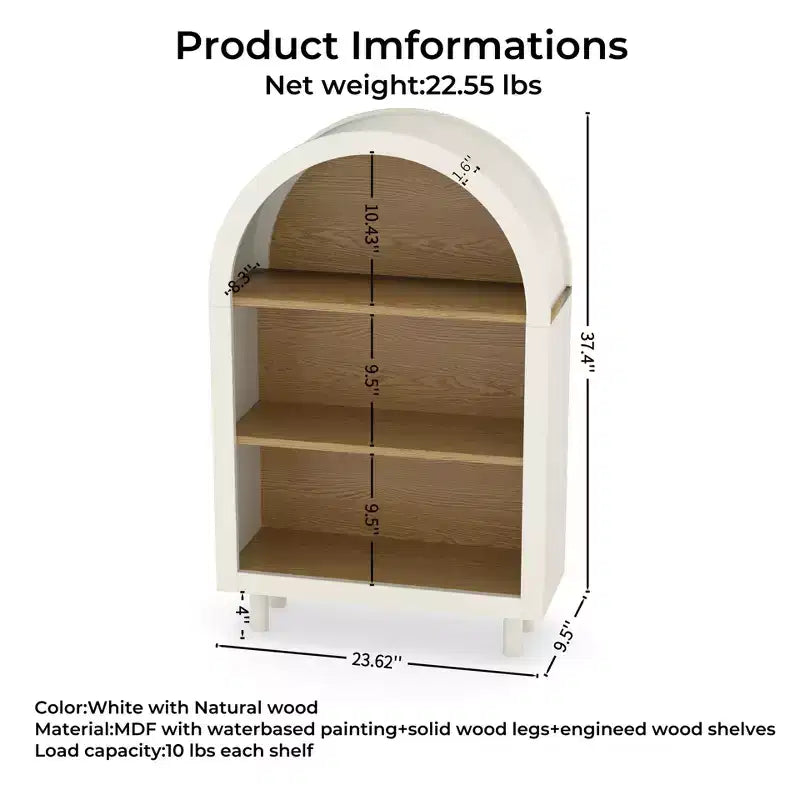 Libreria aperta a 3 ripiani in legno naturale e bianco, singola, con arco