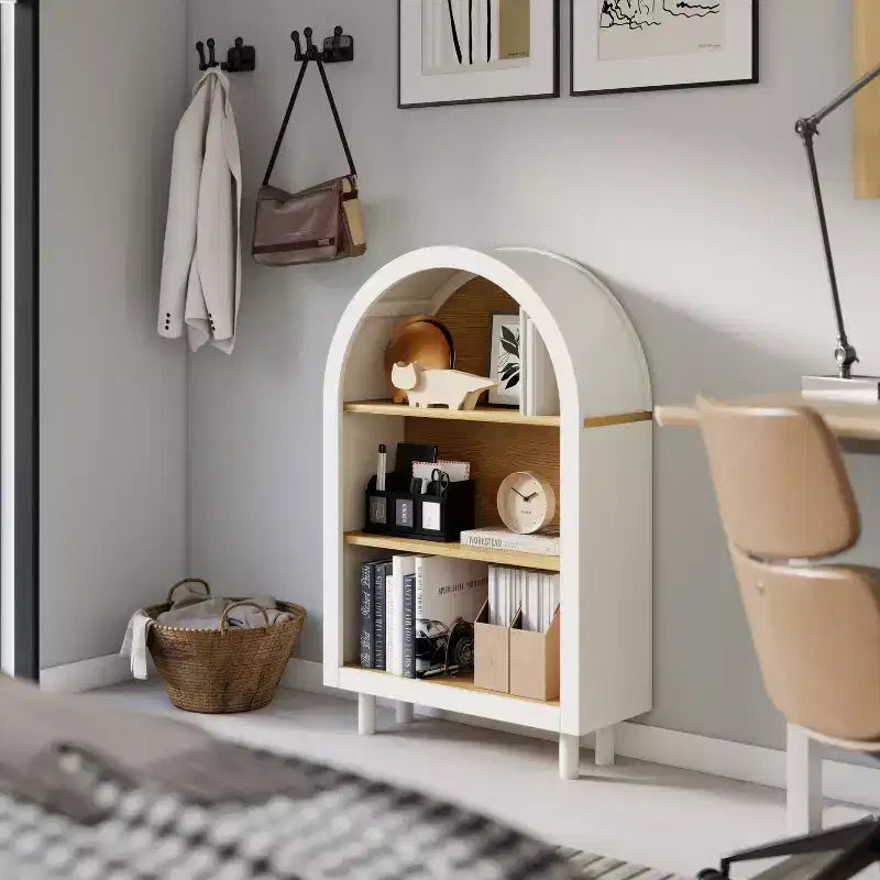 Libreria aperta a 3 ripiani in legno naturale e bianco, singola, con arco