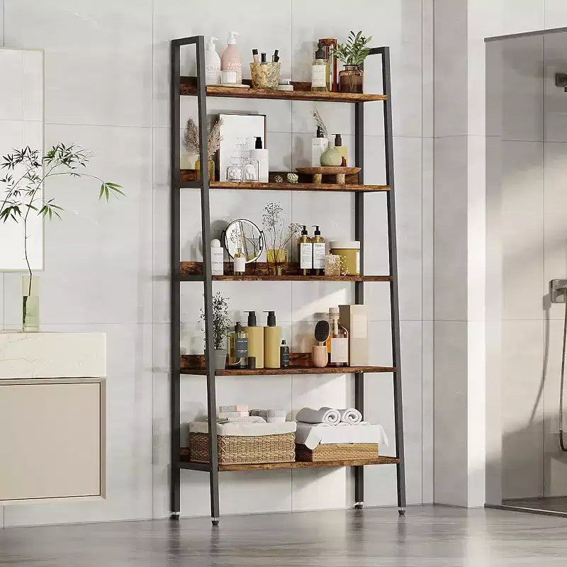 Tall Bookshelf, 5-Tier Bookcase with Open Shelves, Farmhouse Wood Storage Rack with Adjustable Feet, Metal Frame Book Shelf Organizer for Bedroom