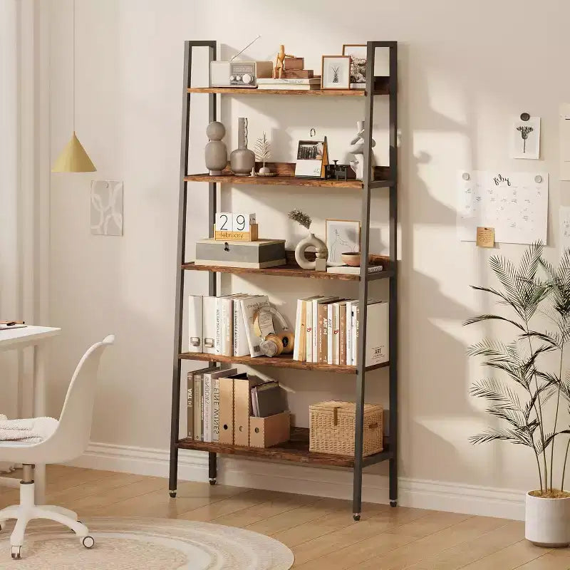 Libreria Marrone Rustico a 5 Ripiani, Scaffale Aperto, Struttura in Metallo, Utente Singolo