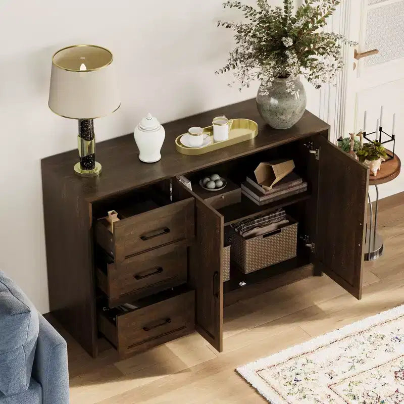 Mobile Buffet Marrone/Bianco effetto Legno, 3 Cassetti + 2 Ante, Montaggio da 1 Persona