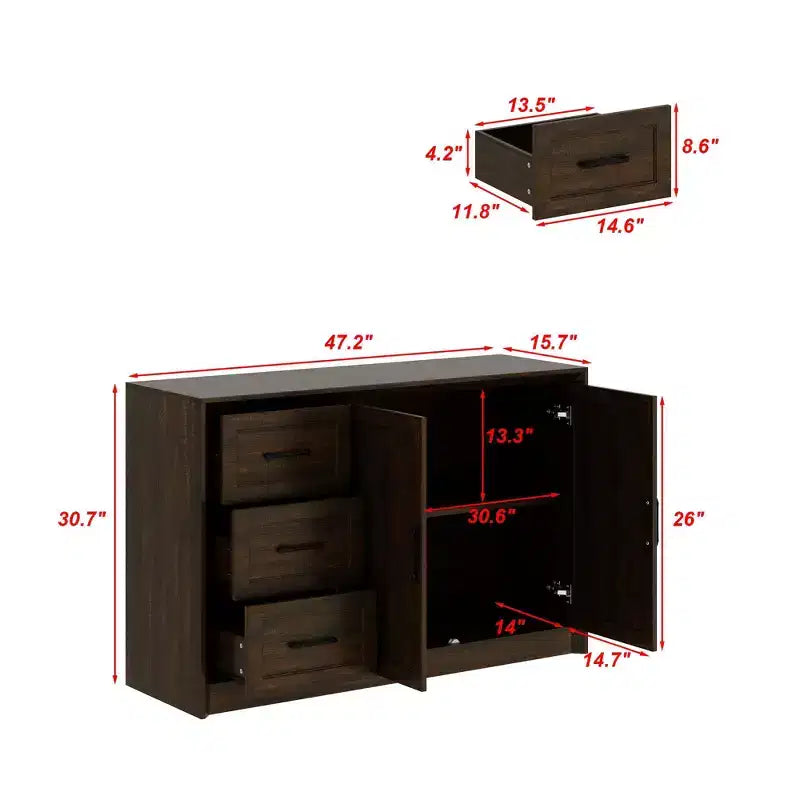 Mobile Buffet Marrone/Bianco effetto Legno, 3 Cassetti + 2 Ante, Montaggio da 1 Persona
