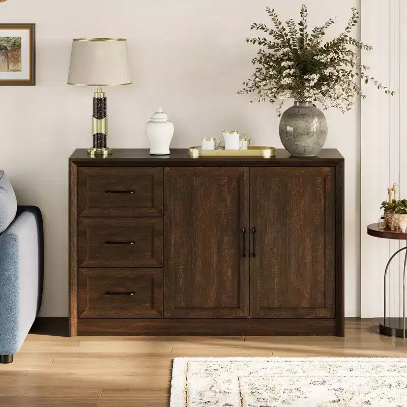 Mobile Buffet Marrone/Bianco effetto Legno, 3 Cassetti + 2 Ante, Montaggio da 1 Persona