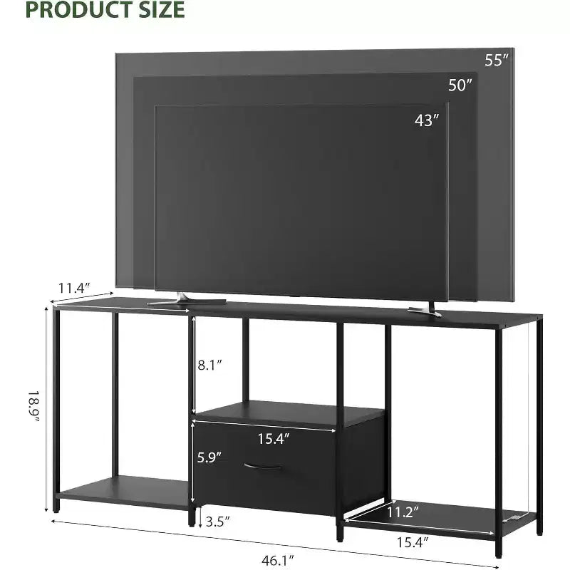 Mobile TV in acciaio nero con luci a LED, ripiani aperti, adatto per TV fino a 55"