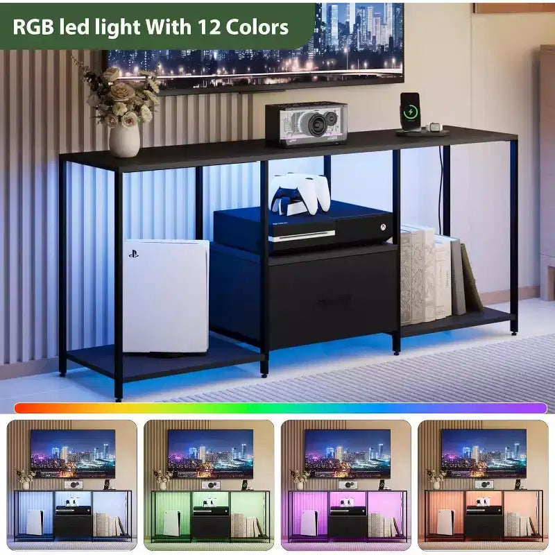 Mobile TV in acciaio nero con luci a LED, ripiani aperti, adatto per TV fino a 55"