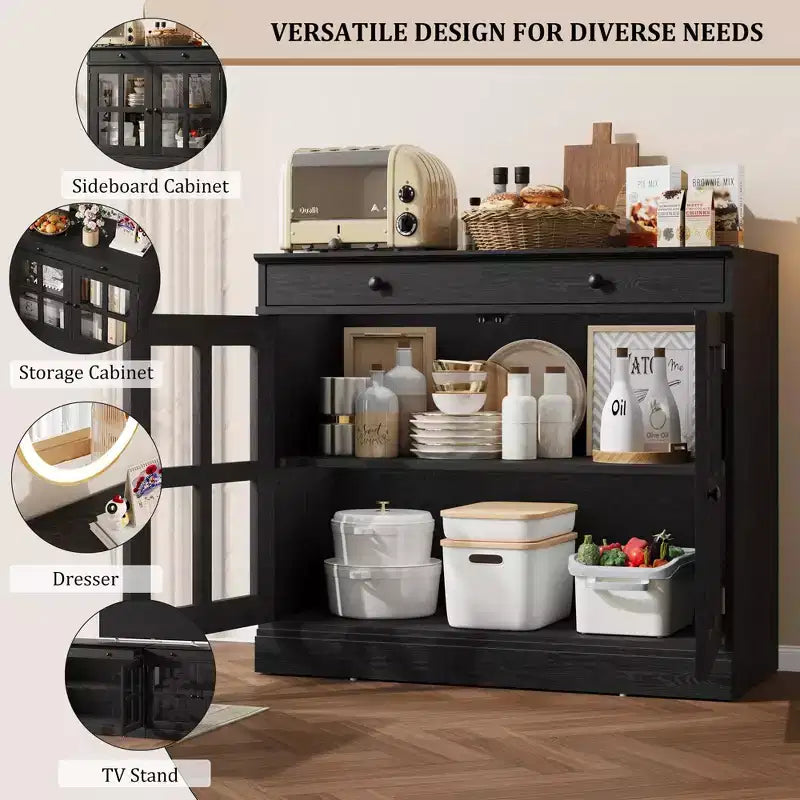 Credenza da 35.4" con ante in vetro e 1 cassetto, per sala da pranzo/cucina