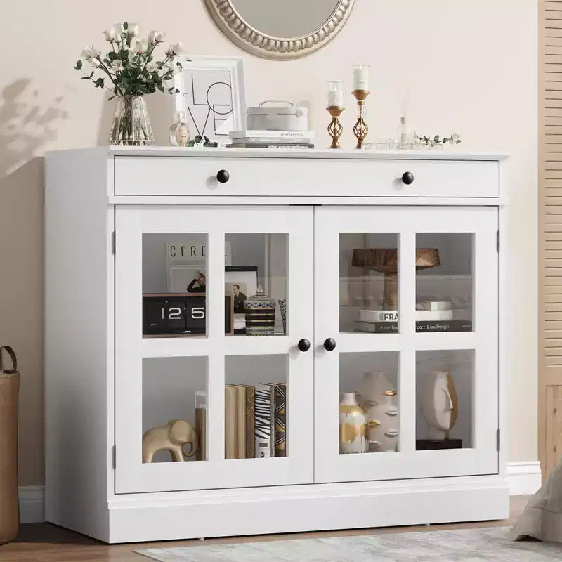 Credenza da 35.4" con ante in vetro e 1 cassetto, per sala da pranzo/cucina
