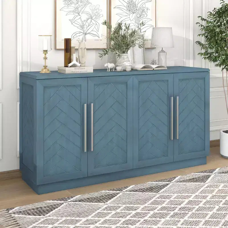 Credenza a 4 ante blu/nera/bianca anticata con ripiani regolabili