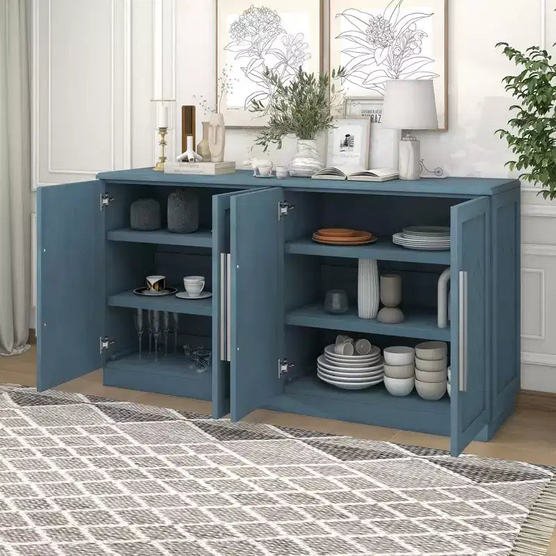 Credenza a 4 ante blu/nera/bianca anticata con ripiani regolabili