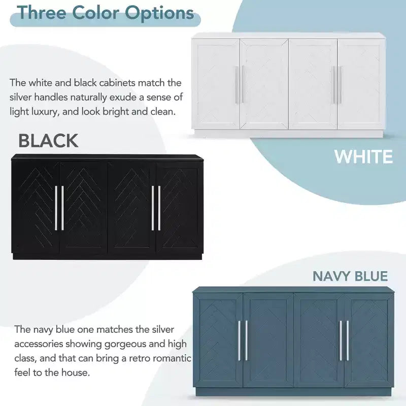 Credenza a 4 ante blu/nera/bianca anticata con ripiani regolabili