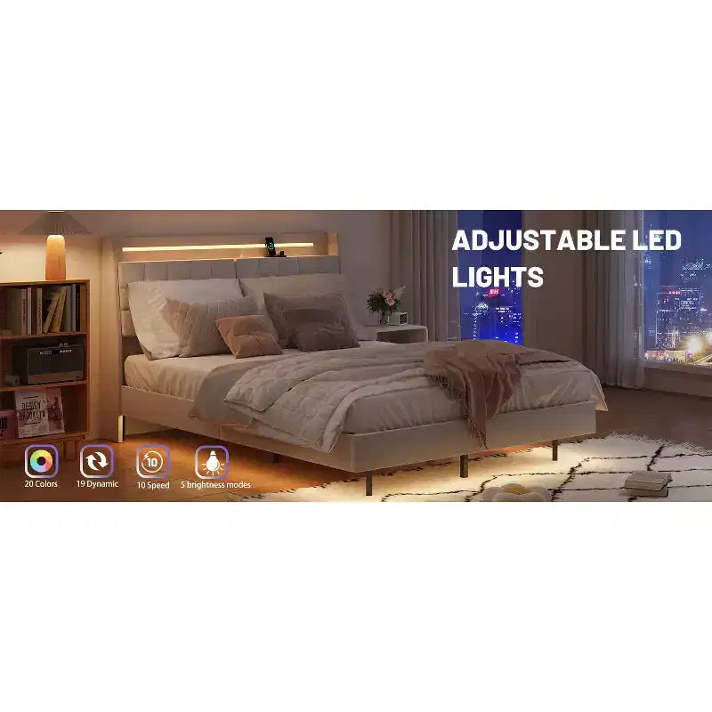 Telaio letto a piattaforma flottante beige con luci LED e ricarica USB, matrimoniale, 1 persona