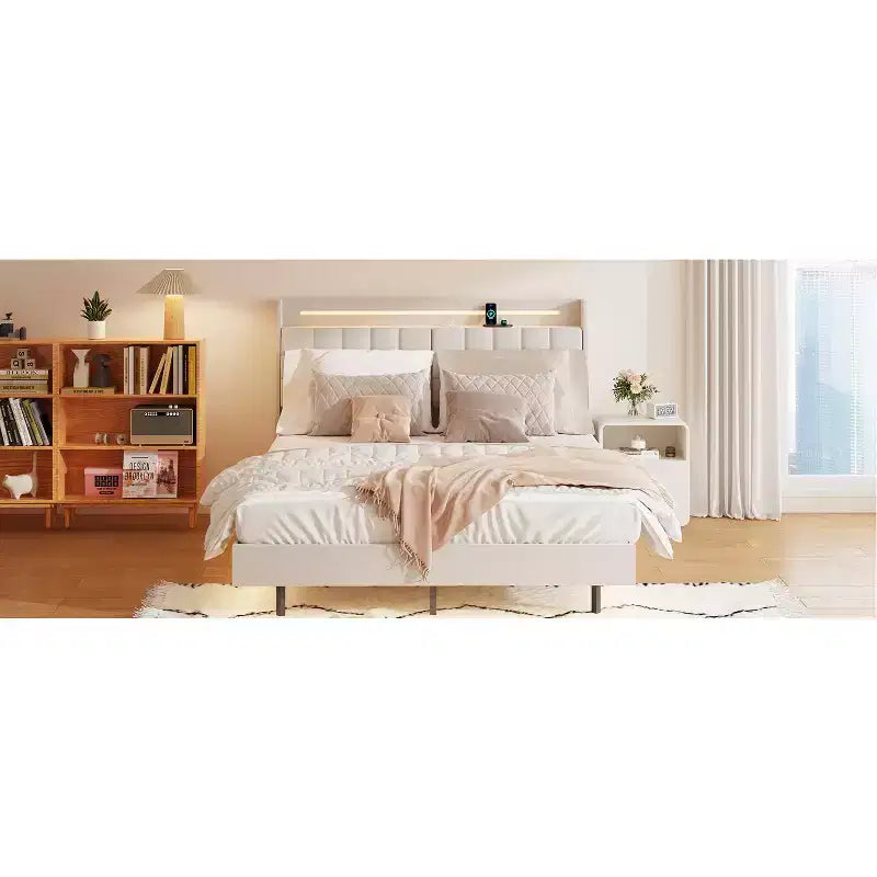 Telaio letto a piattaforma flottante beige con luci LED e ricarica USB, matrimoniale, 1 persona