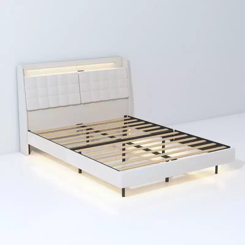 Telaio letto a piattaforma flottante beige con luci LED e ricarica USB, matrimoniale, 1 persona