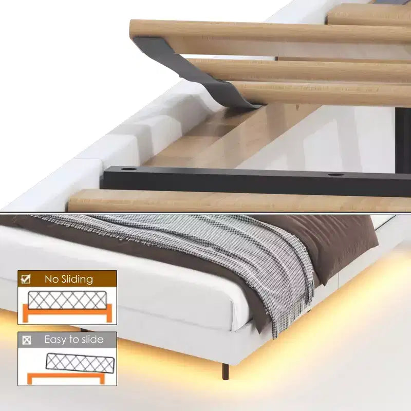 Telaio letto a piattaforma flottante beige con luci LED e ricarica USB, matrimoniale, 1 persona