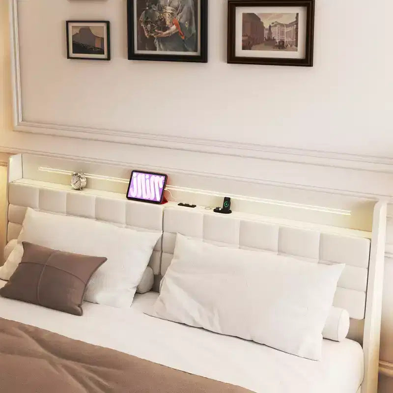 Telaio letto a piattaforma flottante beige con luci LED e ricarica USB, matrimoniale, 1 persona