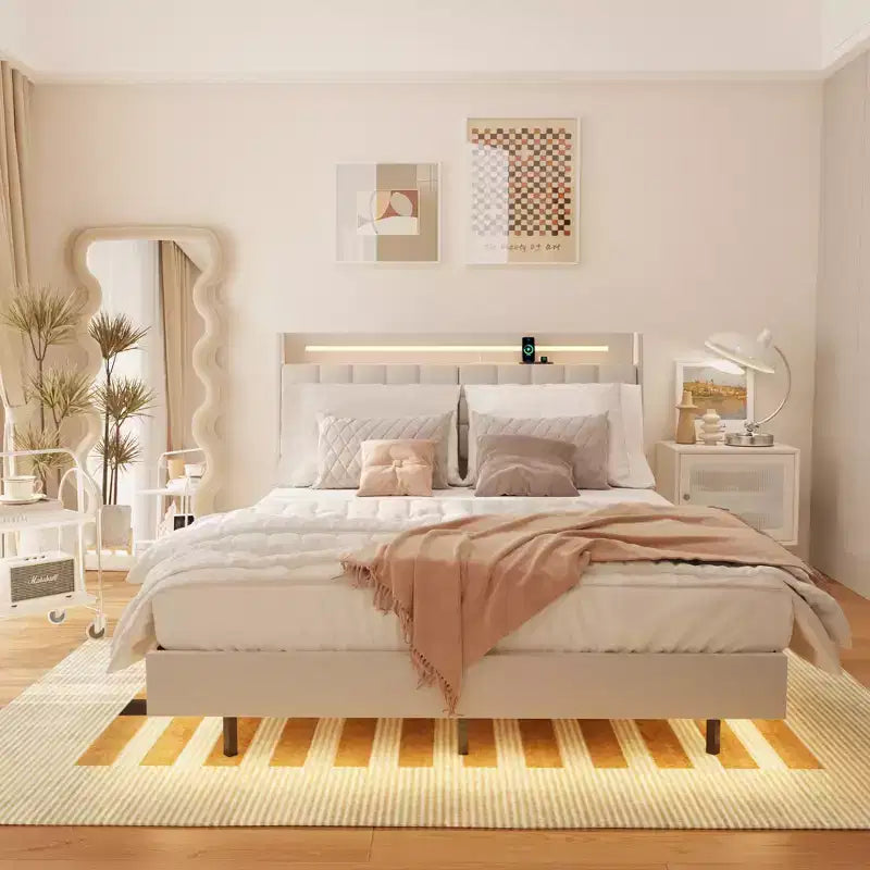 Telaio letto a piattaforma flottante beige con luci LED e ricarica USB, matrimoniale, 1 persona