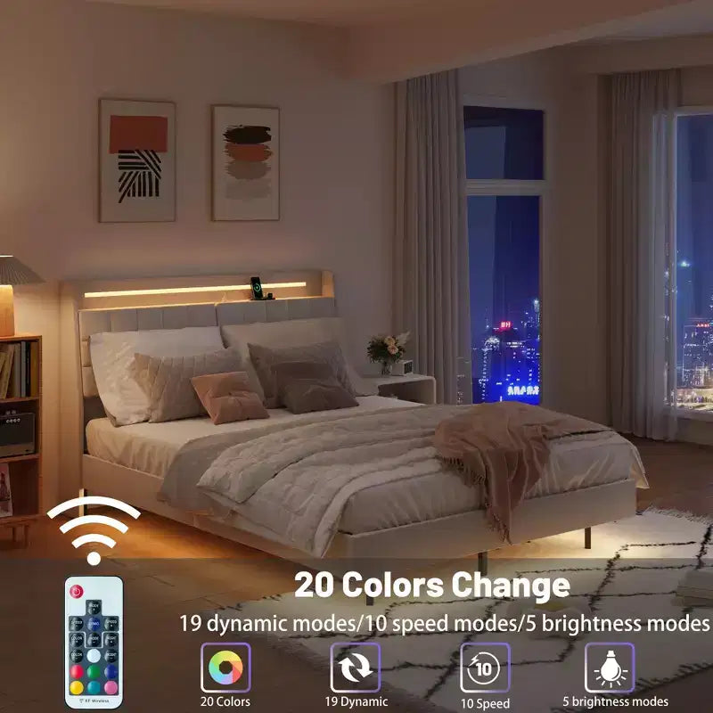 Telaio letto a piattaforma flottante beige con luci LED e ricarica USB, matrimoniale, 1 persona