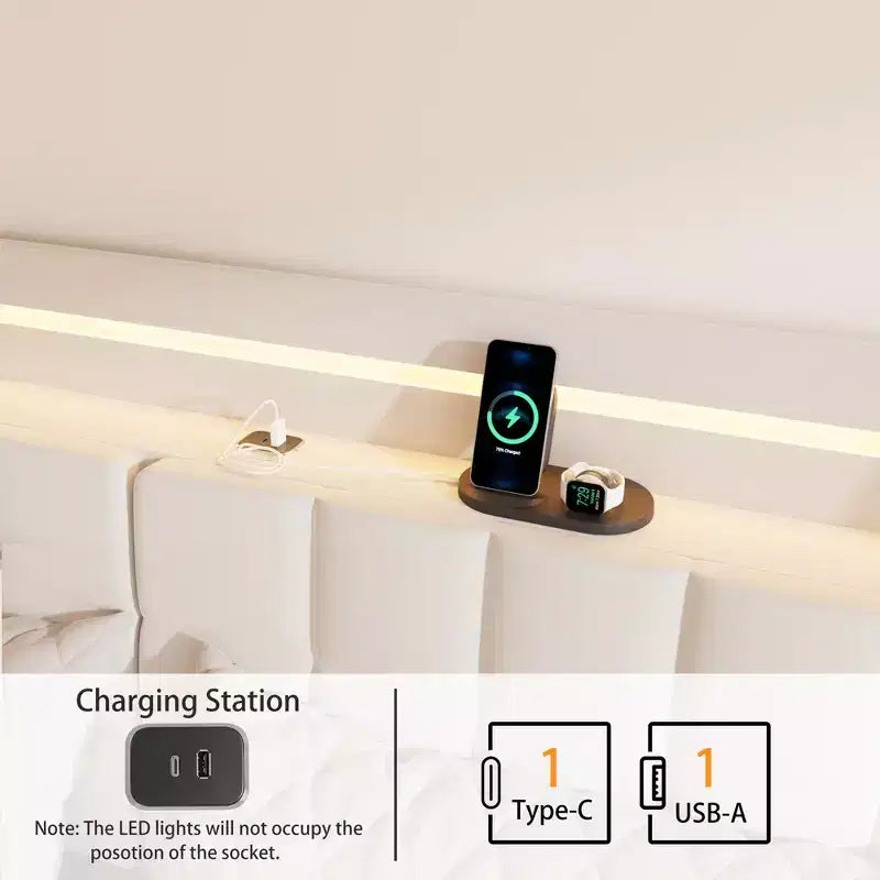 Telaio letto a piattaforma flottante beige con luci LED e ricarica USB, matrimoniale, 1 persona