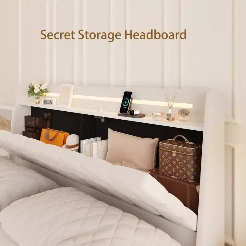 Telaio letto a piattaforma flottante beige con luci LED e ricarica USB, matrimoniale, 1 persona