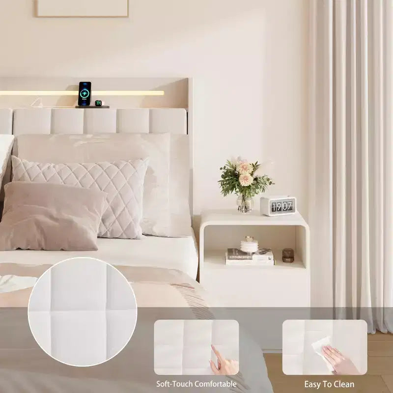 Telaio letto a piattaforma flottante beige con luci LED e ricarica USB, matrimoniale, 1 persona