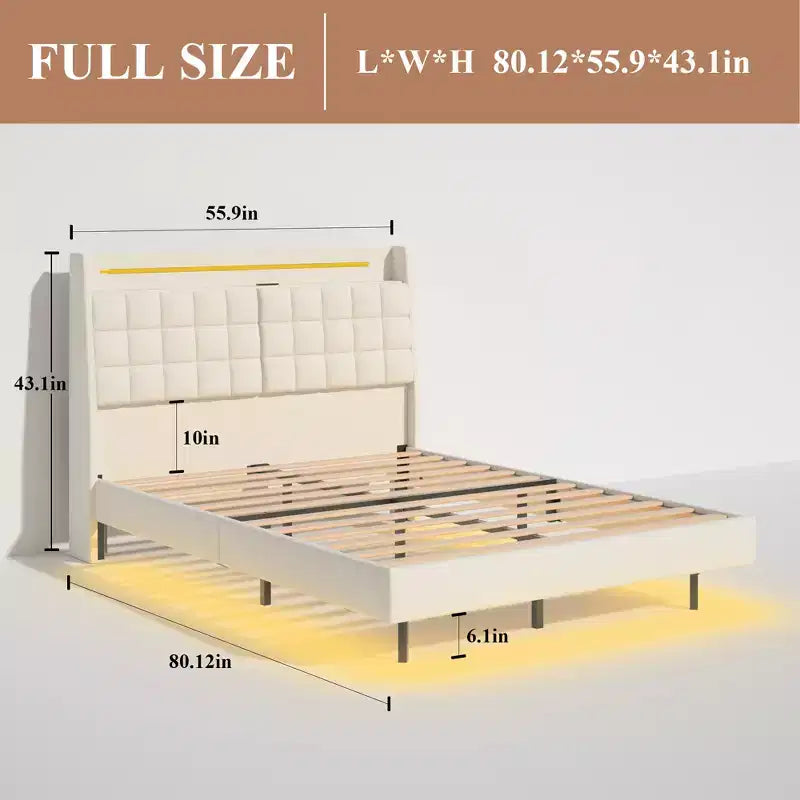 Telaio letto a piattaforma flottante beige con luci LED e ricarica USB, matrimoniale, 1 persona