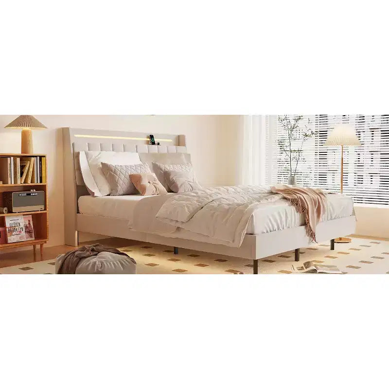 Telaio letto a piattaforma flottante beige con luci LED e ricarica USB, matrimoniale, 1 persona