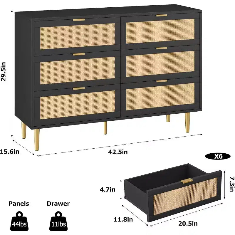 Comodino a 6 cassetti con pannelli in rattan e gambe dorate, colore bianco/nero/legno, singolo