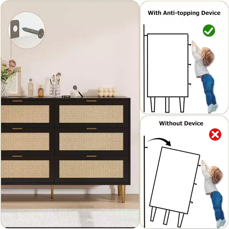 Comodino a 6 cassetti con pannelli in rattan e gambe dorate, colore bianco/nero/legno, singolo
