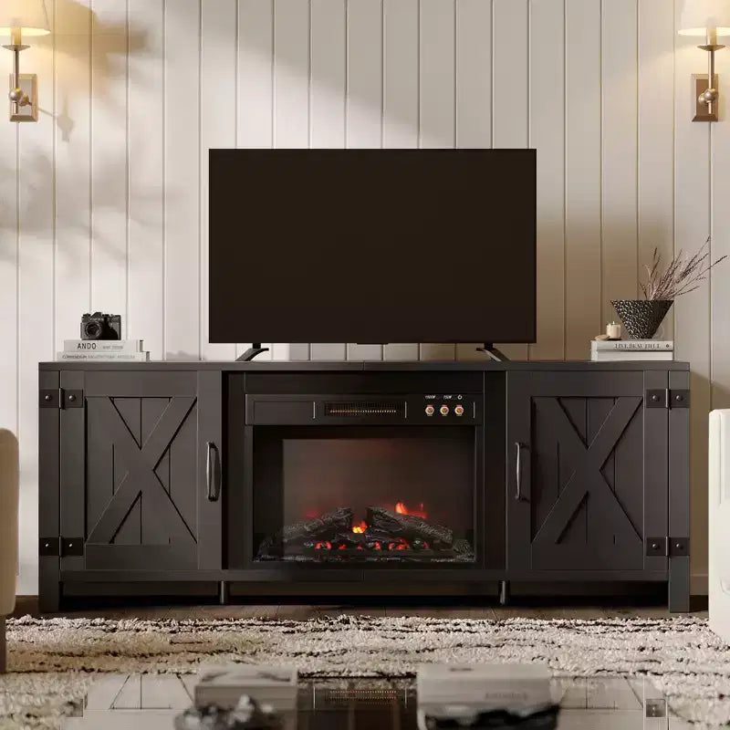 Mobile TV con camino elettrico da 23" Barn Door stile rustico bianco e nero, adatto per TV fino a 70"