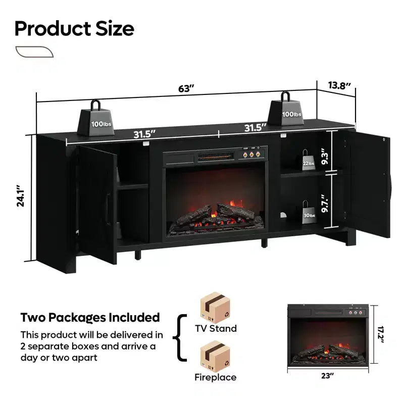 Mobile TV con camino elettrico da 23" Barn Door stile rustico bianco e nero, adatto per TV fino a 70"