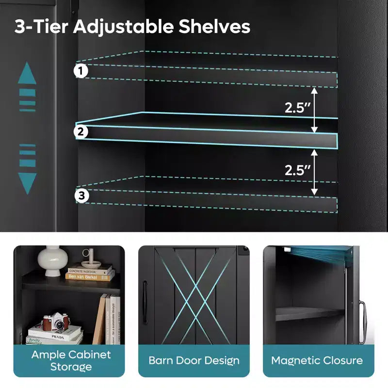 Mobile TV con camino elettrico da 23" Barn Door stile rustico bianco e nero, adatto per TV fino a 70"