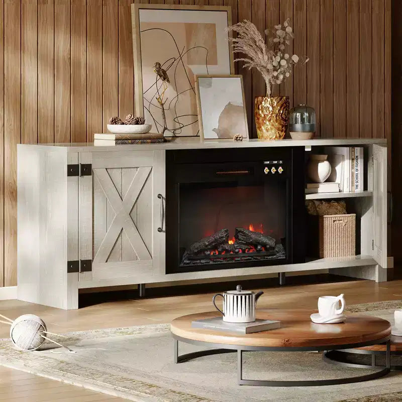 Mobile TV con camino elettrico da 23" Barn Door stile rustico bianco e nero, adatto per TV fino a 70"