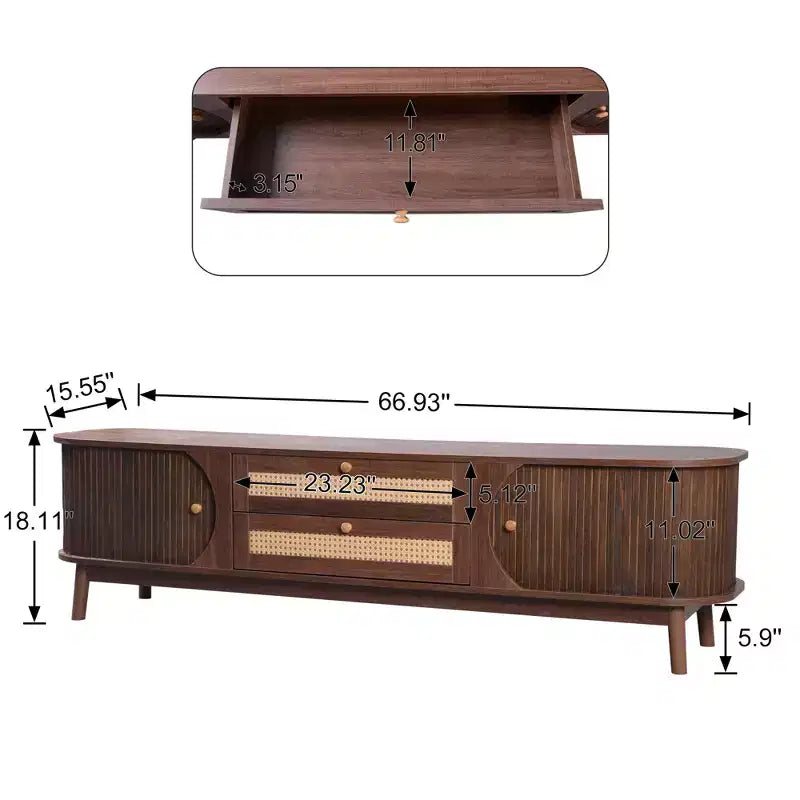 Mobile TV marrone e legno naturale con 2 cassetti, adatto per TV fino a 75", per 1