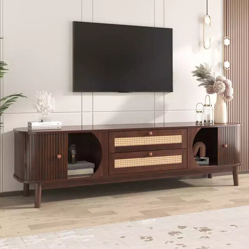 Mobile TV marrone e legno naturale con 2 cassetti, adatto per TV fino a 75", per 1